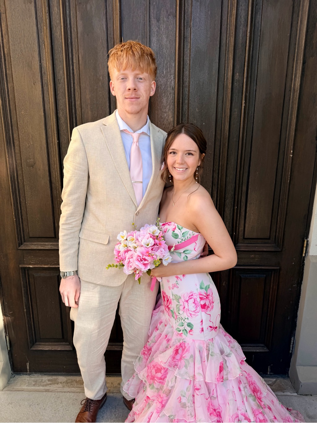 Sherri Hill Pink Floral Strapless Ruffled Prom Gown